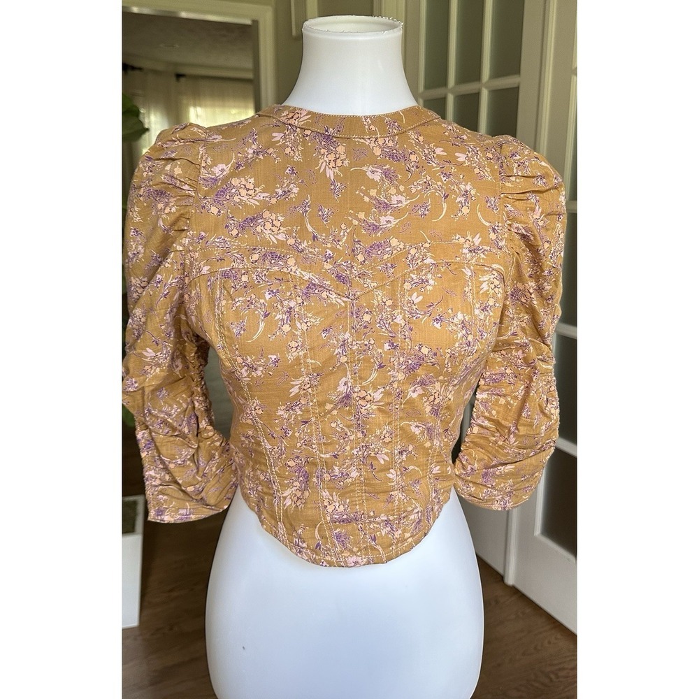 Free People Boho Floral Puff Sleeve Open Back Crop Top Mustard Purple Sz S - Picture 3 of 12